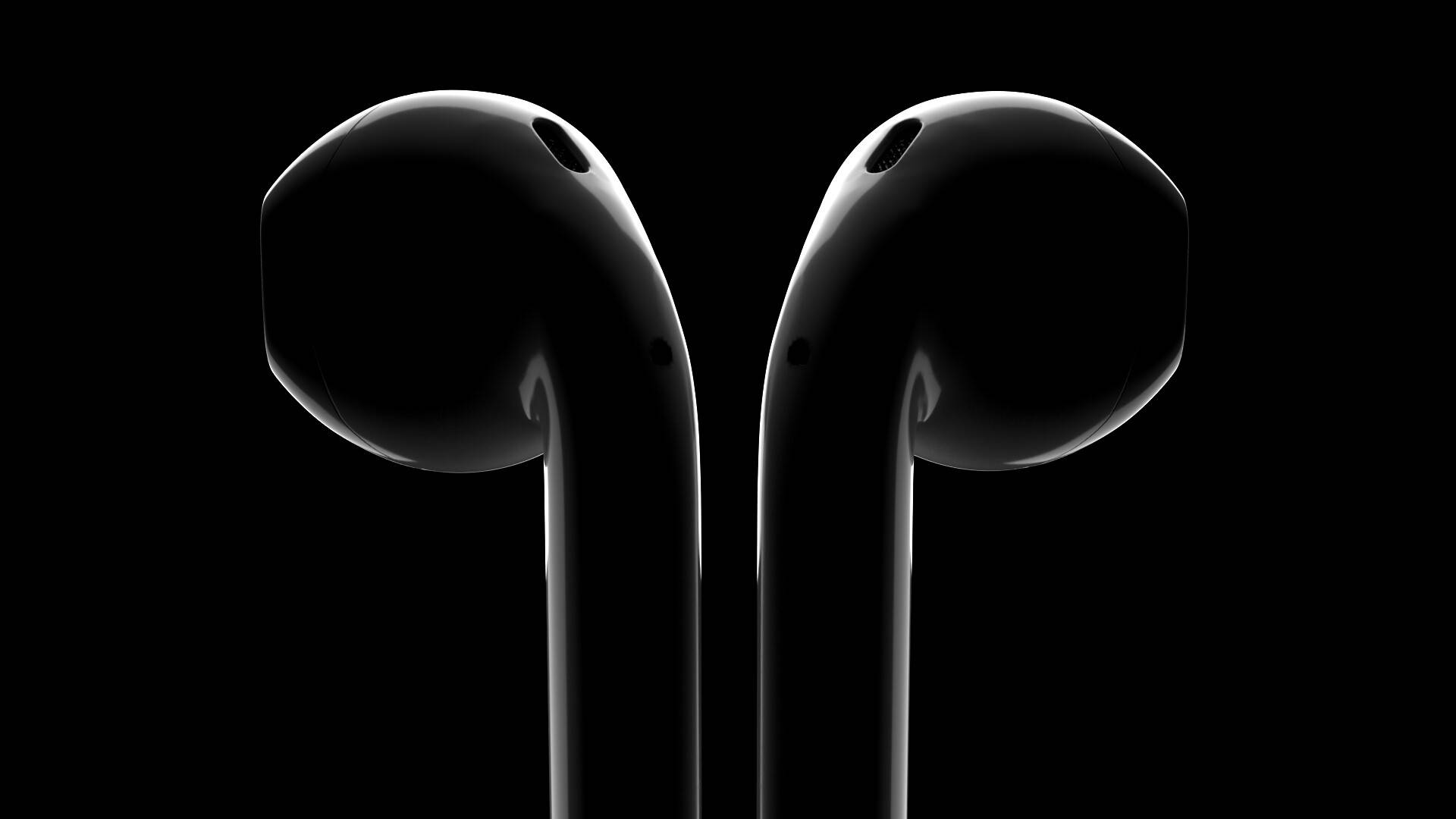 AirPods 深空黑耳機 壁紙 — 兩款時尚黑色耳塞在純黑色背景上直立，由銳利的攝影棚燈光突出。