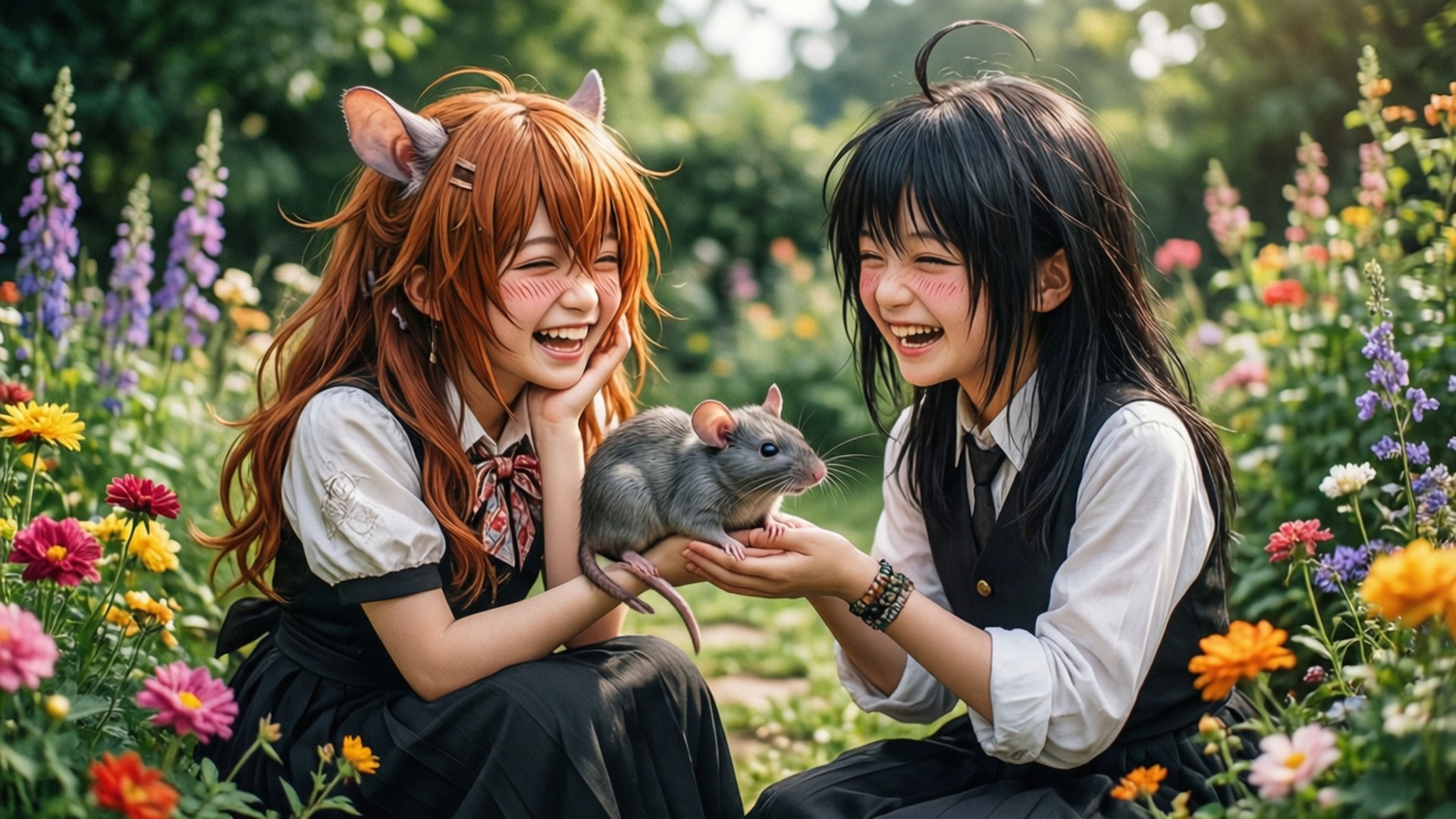 兩個長著動物耳朵的動漫女孩在色彩繽紛的花園裡抱著一隻小灰鼠大笑。