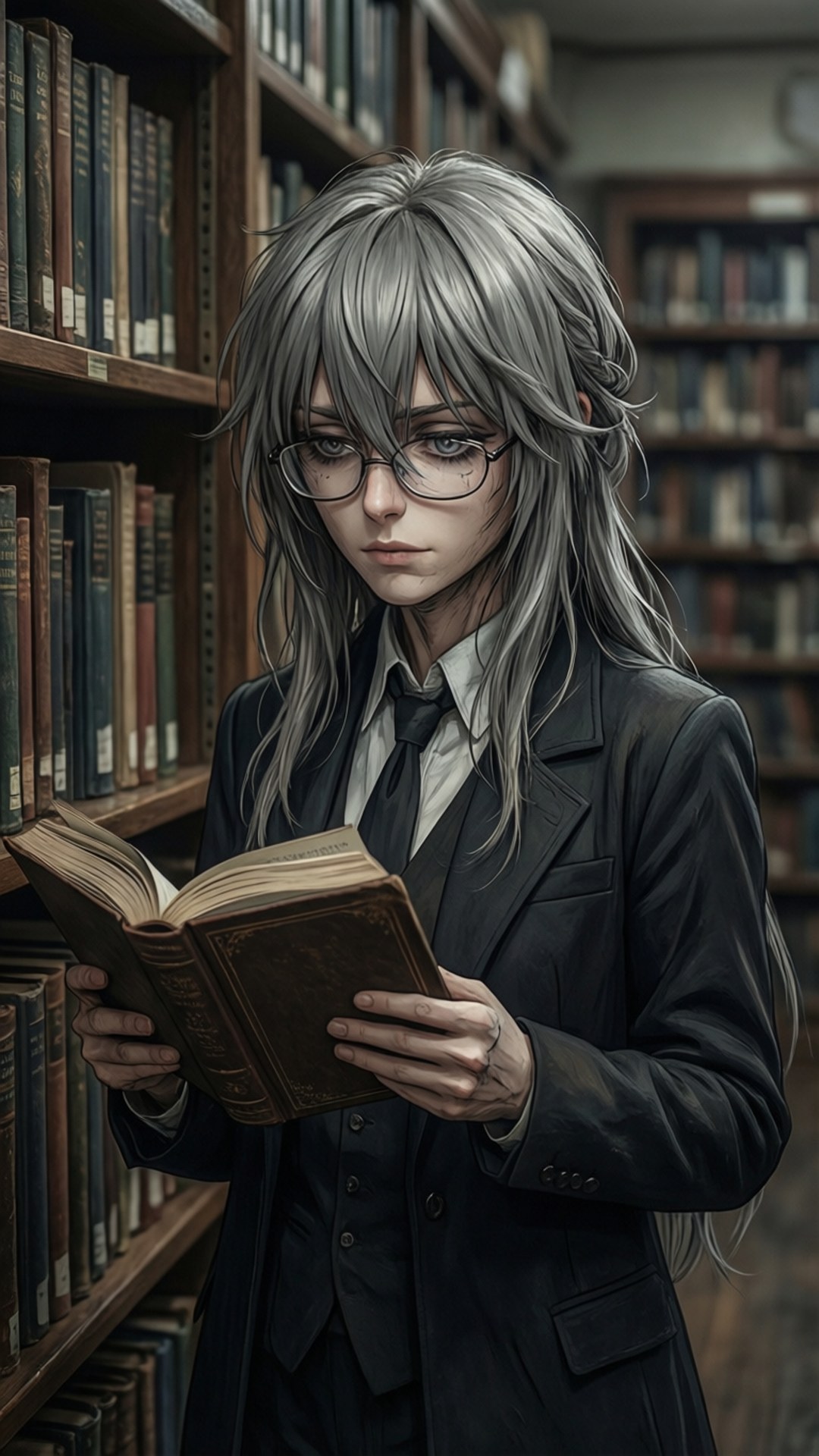 銀髮戴眼鏡的年輕人在圖書館閱讀舊書
