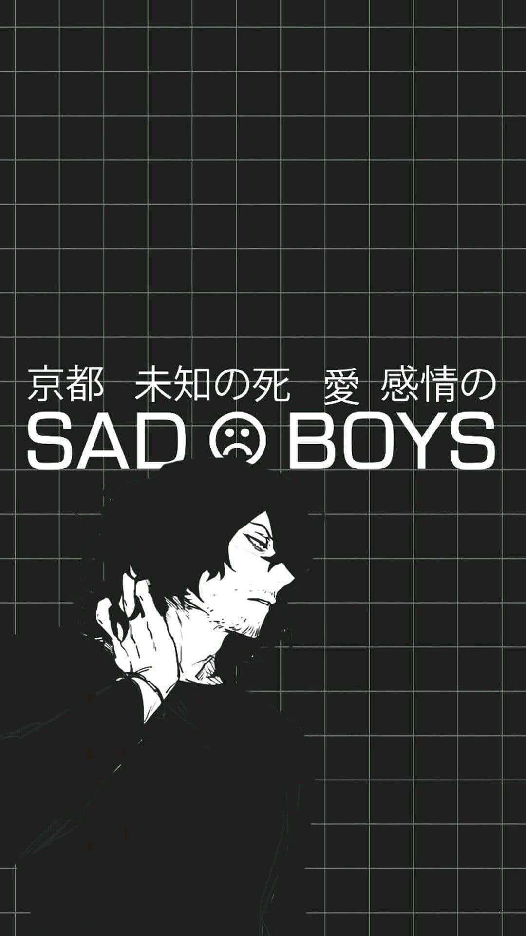 動漫男孩低頭手放在頭上，背景為網格，帶有悲傷文字。