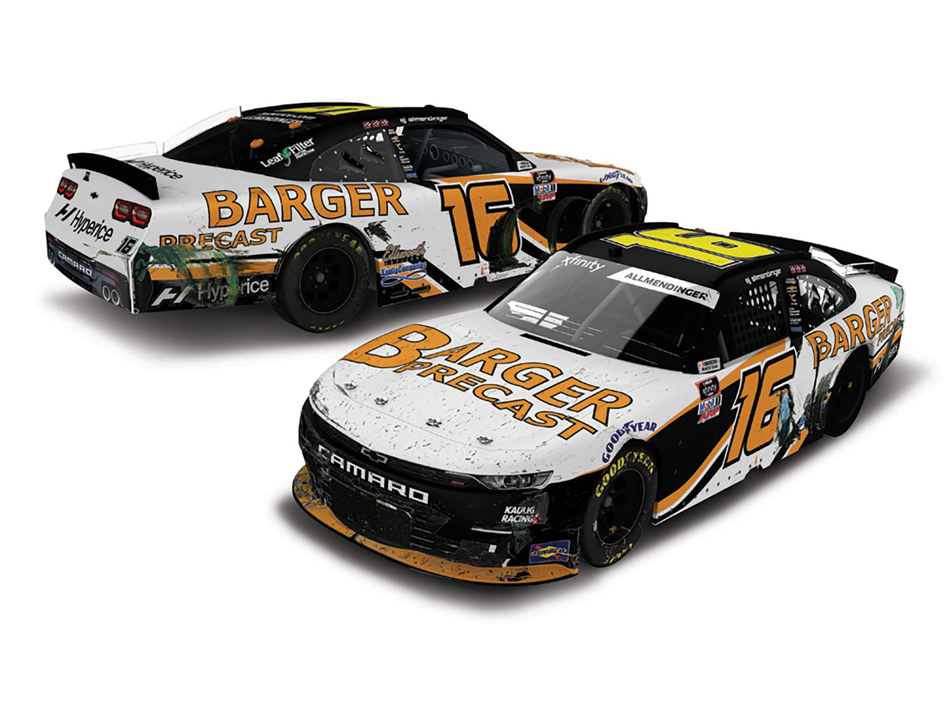 兩輛帶有Barger Precast品牌標識的NASCAR賽車，從正面和背面角度展示。