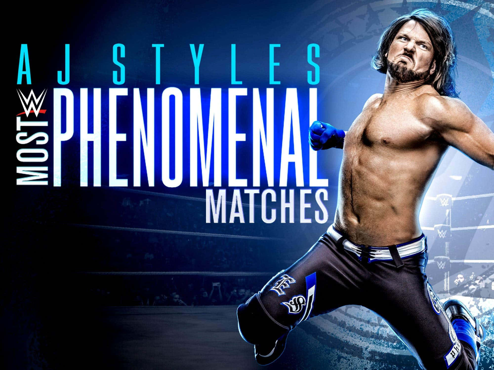 AJ Styles 現象級海報 壁紙 — WWE 摔角手 AJ Styles 在戲劇性的藍色燈光下於擂台上擺出動態姿勢，並以粗體文字宣揚他最非凡的比賽。
