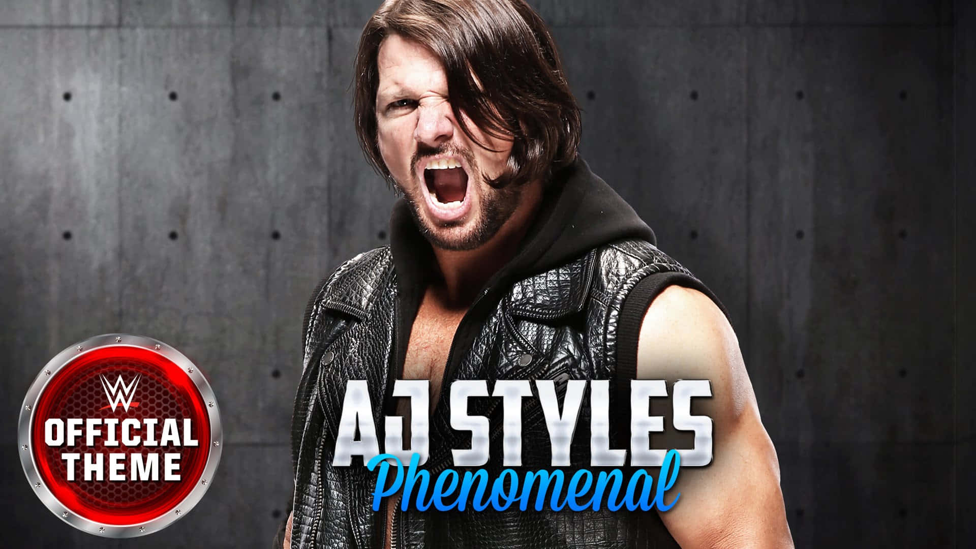 WWE摔角手AJ Styles穿著黑色皮背心，帶著官方主題標誌咆哮。