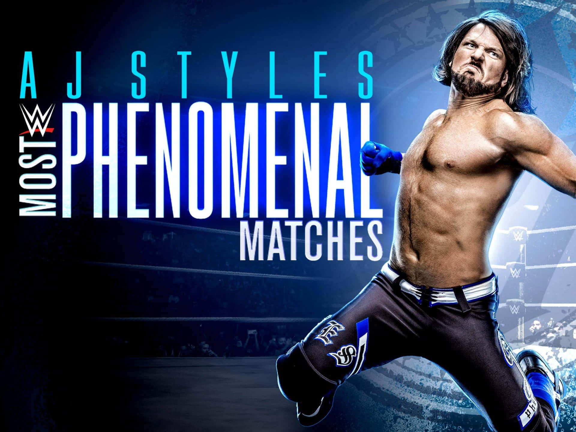 WWE摔角手AJ Styles在擂台內擺出戰鬥姿勢，並附有宣傳文字。