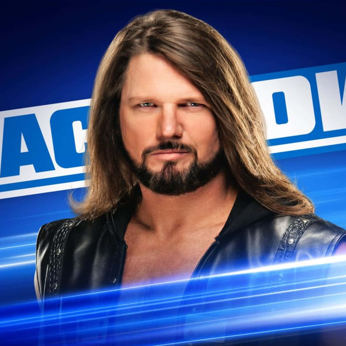 AJ Styles 美學圖像設計 壁紙 — 一個肌肉發達的男人，留著長長的棕色頭髮和鬍鬚，穿著黑色皮夾克，背景是動態藍色，帶有發光的條紋和部分「AC」文字。