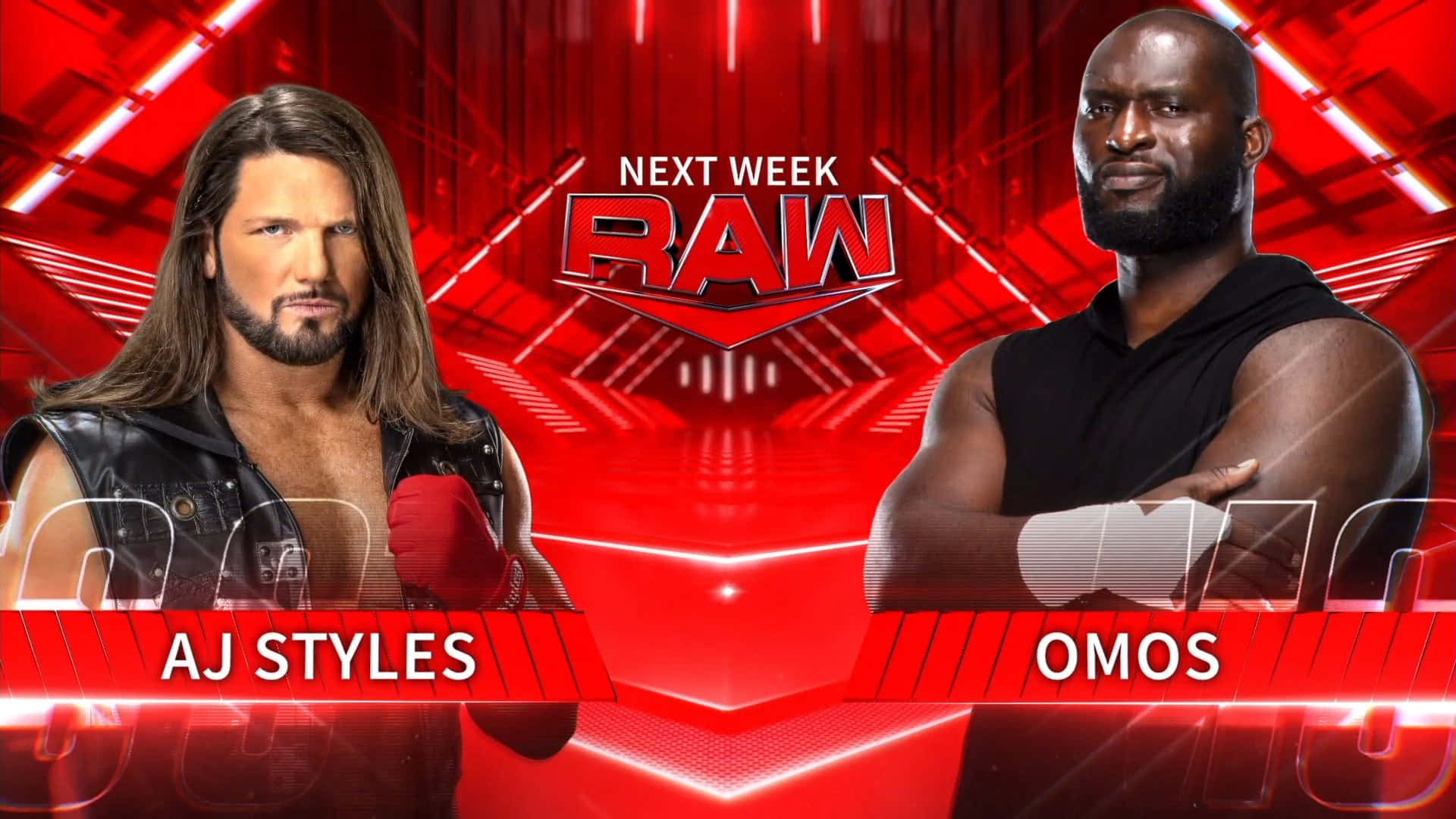 AJ Styles與Omos WWE Raw海報藝術 壁紙 — 兩位WWE摔角手AJ Styles和Omos自信地站在充滿活力的紅色未來風格競技場背景前，宣傳下週的RAW。