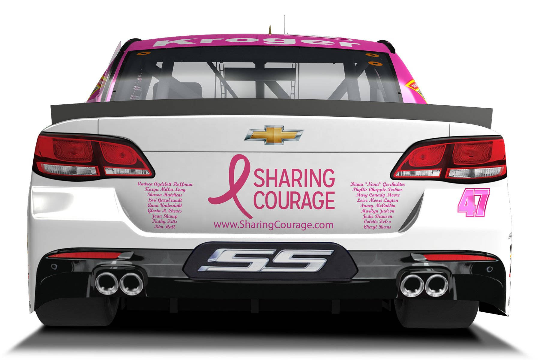 白色NASCAR賽車，帶有粉紅色Sharing Courage乳癌意識貼紙和贊助商標誌。