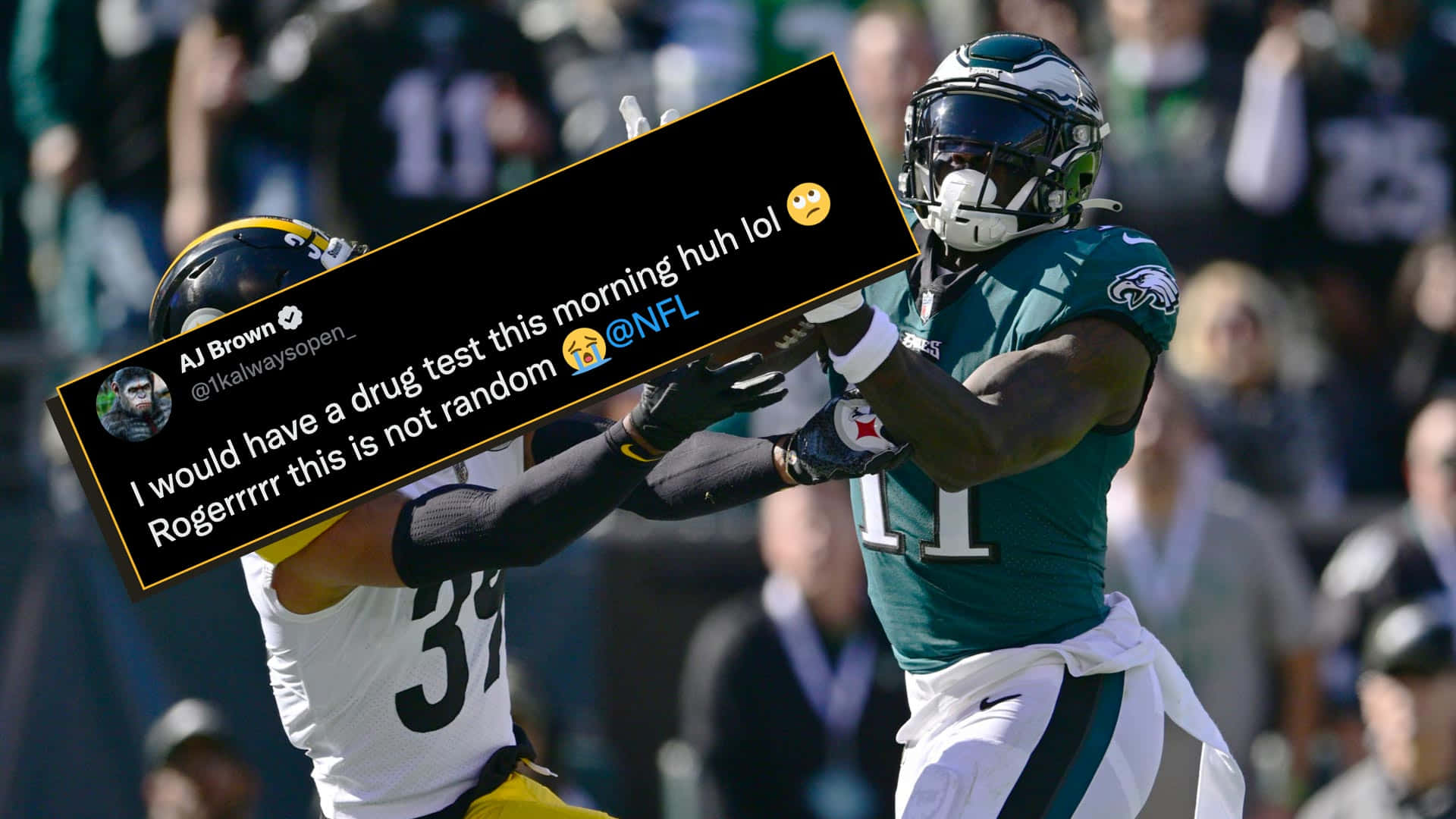NFL 球員 AJ Brown 以幽默的推文疊加慶祝接球，內容關於藥物測試。