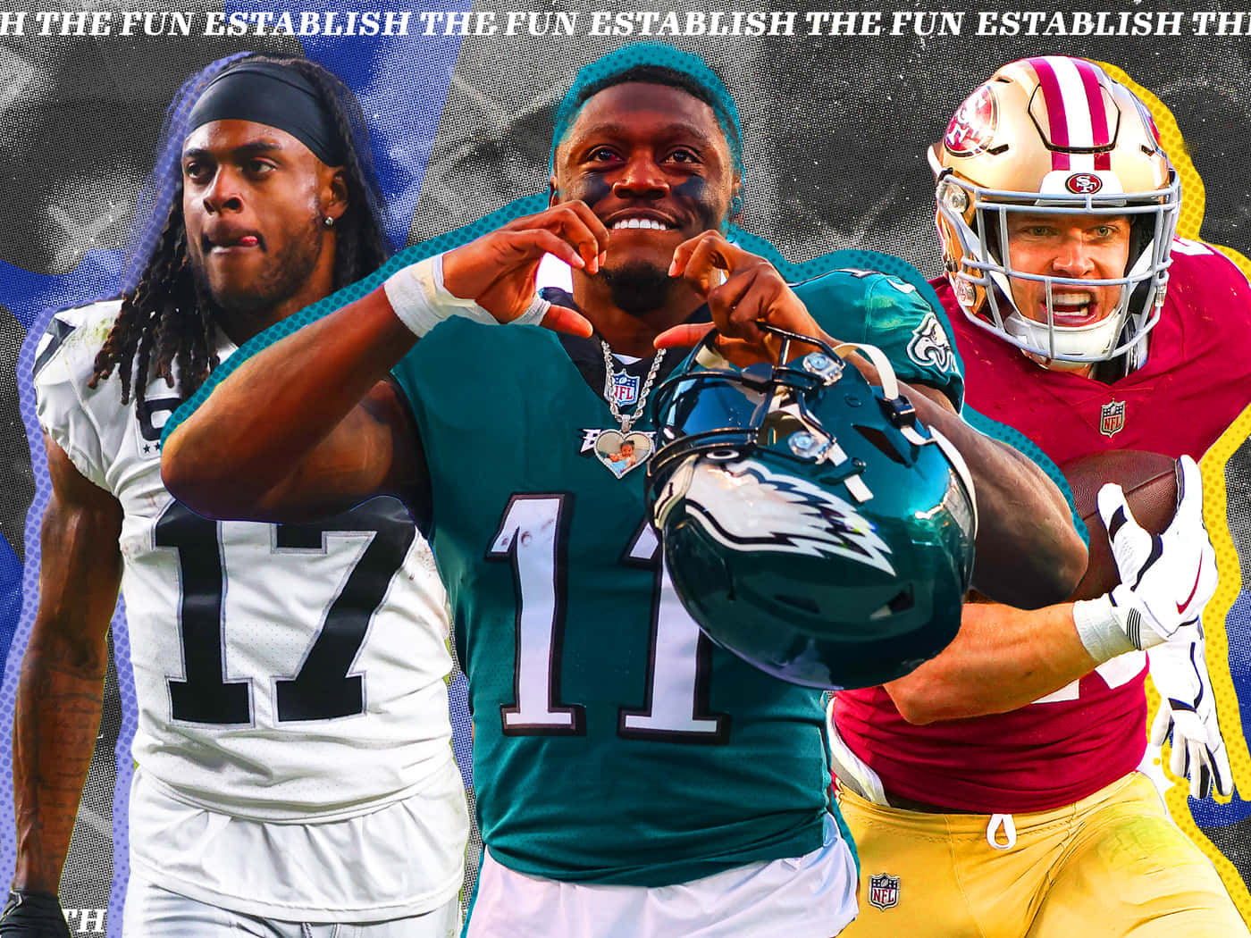 三名NFL美式足球運動員戴著頭盔和球衣，以動作姿勢呈現。