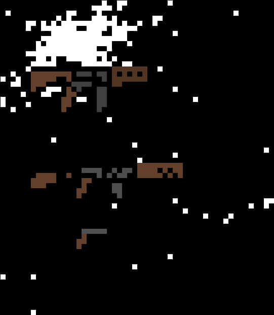 像素化 AK-47 黑底圖 壁紙 — 像素化槍支在星空虛空中漂浮，帶有白色粒子爆炸，背景為黑色。
