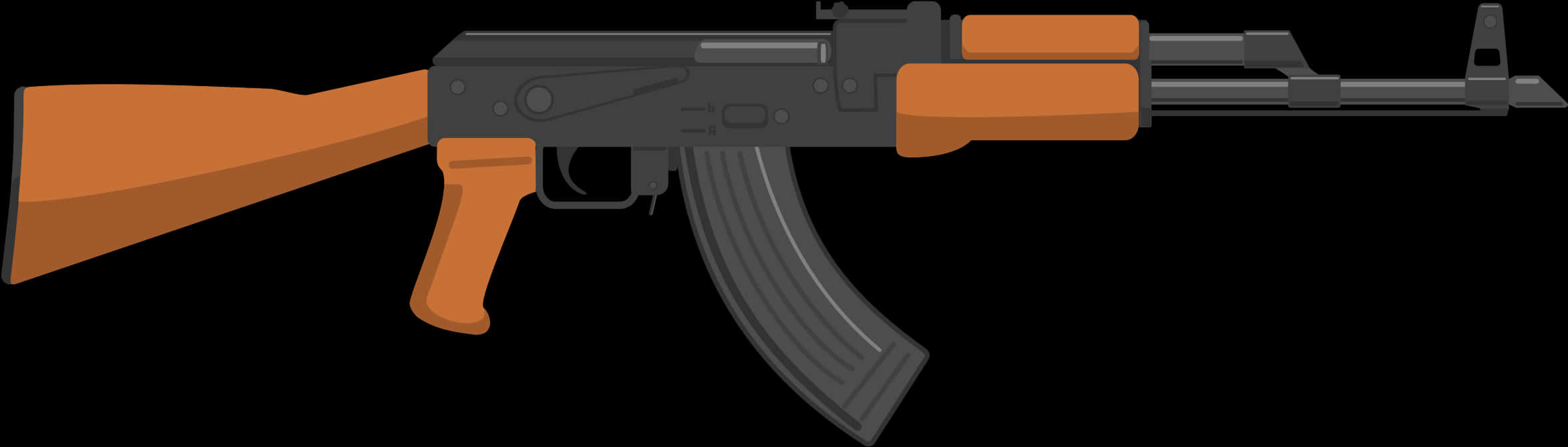 AK-47突擊步槍向量圖 壁紙 — 一個風格化的卡通AK-47步槍，帶有橙色木製槍托和黑色金屬部件，在黑色背景上孤立。