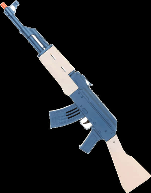 AK-47步槍插畫 壁紙 — 一個藍色和米色的突擊步槍玩具複製品，帶有橙色尖端，孤立在黑色背景上。