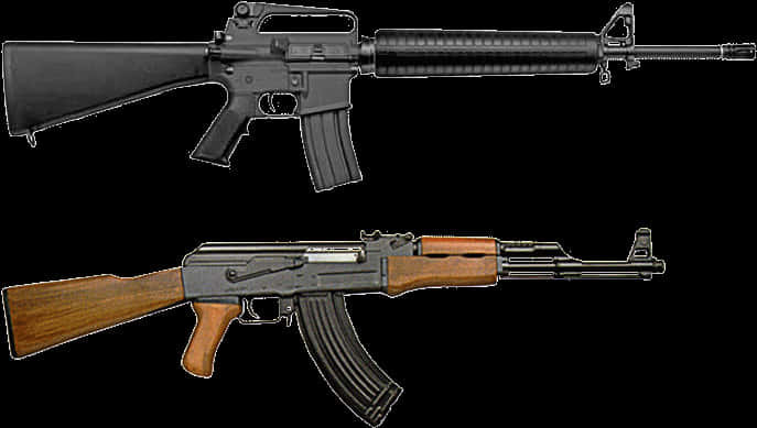 AK-47與M16步槍比較圖 壁紙 — 兩支軍用步槍在黑色背景上孤立，一支帶黑色聚合物槍托，另一支帶木質槍托。