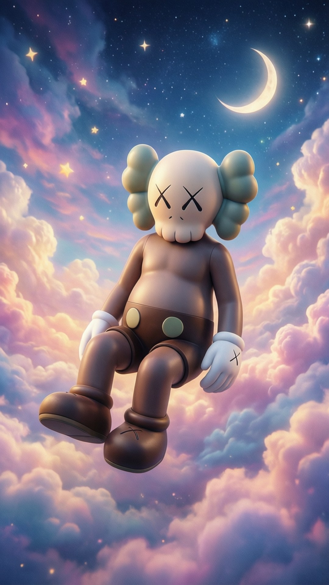 KAWS 角色在夢幻的天空中漂浮，伴隨著雲朵、月亮和星星