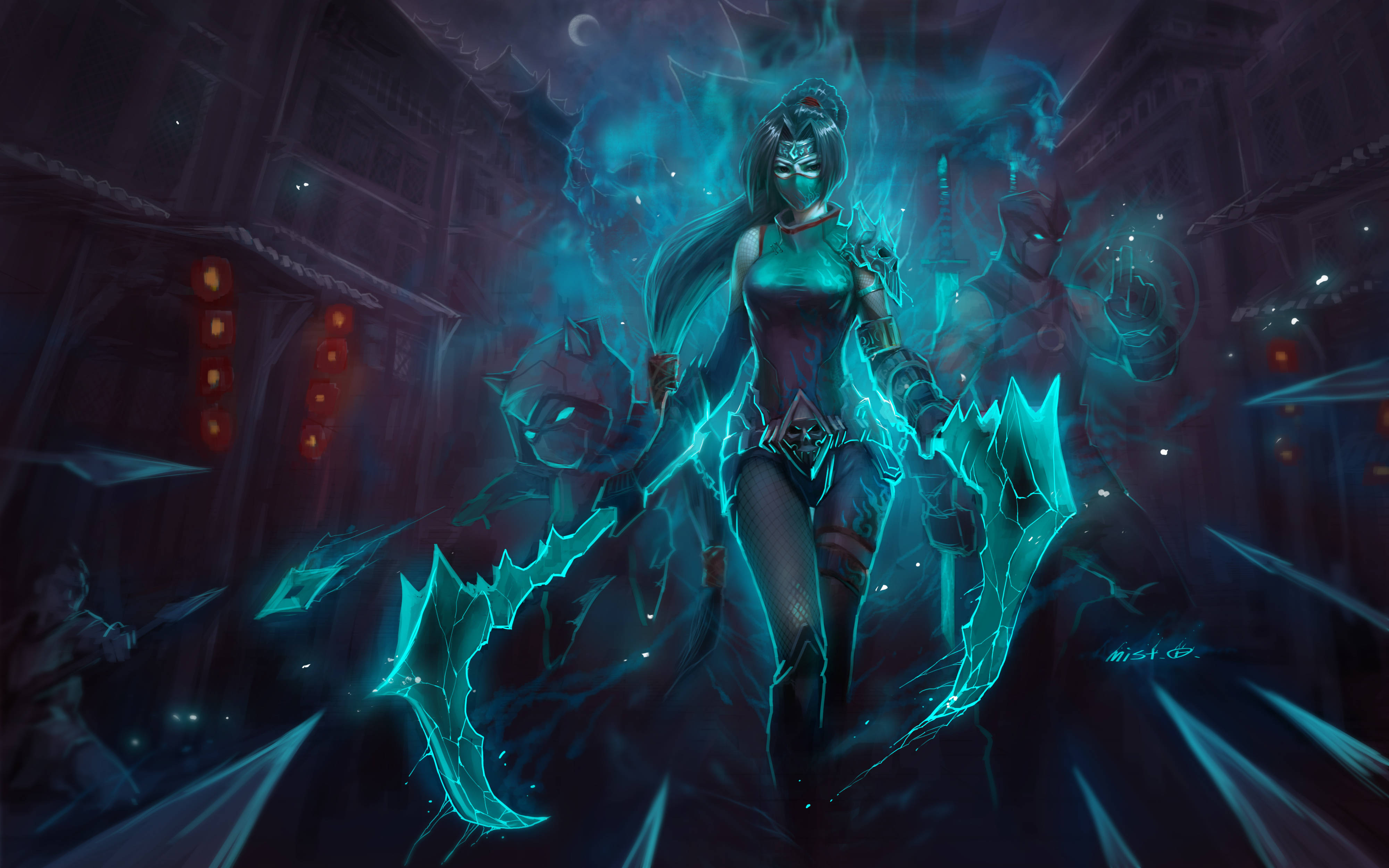 Akali 聯盟傳奇冷酷藝術 壁紙 — 一名戴面具的戰士散發著電光藍色能量，在紅燈籠照亮的黑暗傳統小巷中揮舞著鋸齒狀刀刃。