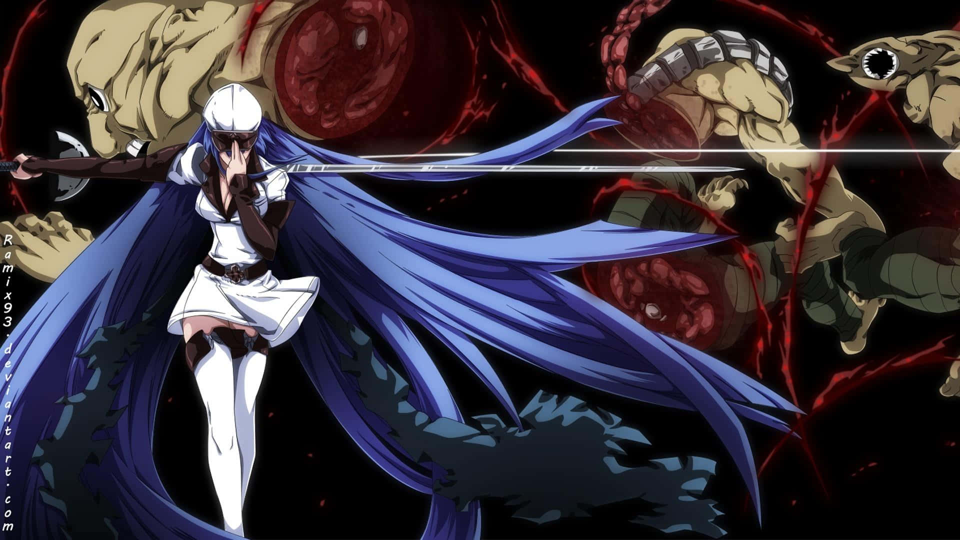 《Akame Ga Kill》— 刺客聯手！ 壁紙 — 一位身穿白衣、披著長長藍色斗篷的動漫戰士，在黑暗血紅的戰場上揮劍斬殺怪物般的敵人。