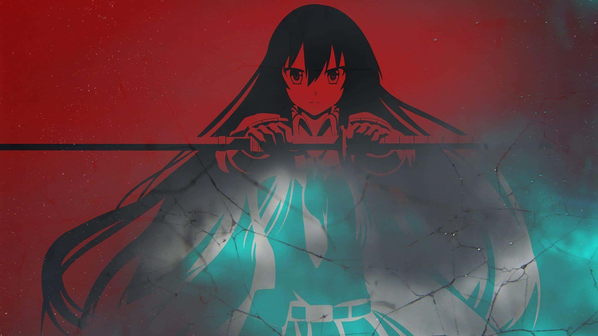 《Akame Ga Kill》— 經典 壁紙 — 長黑髮的動漫女孩握著一把發光的劍，背景是裂開的紅色和藍綠色。