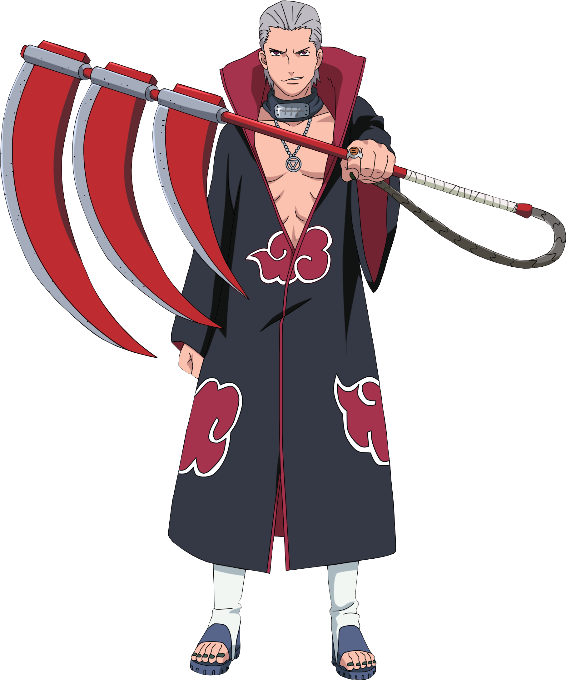 手持鐮刀的 Akatsuki 成員 壁紙 — 一位嚴肅的銀髮動漫戰士，身穿帶有紅色雲紋的深色長袍，揮舞著一把巨大的紅銀色鐮刀。