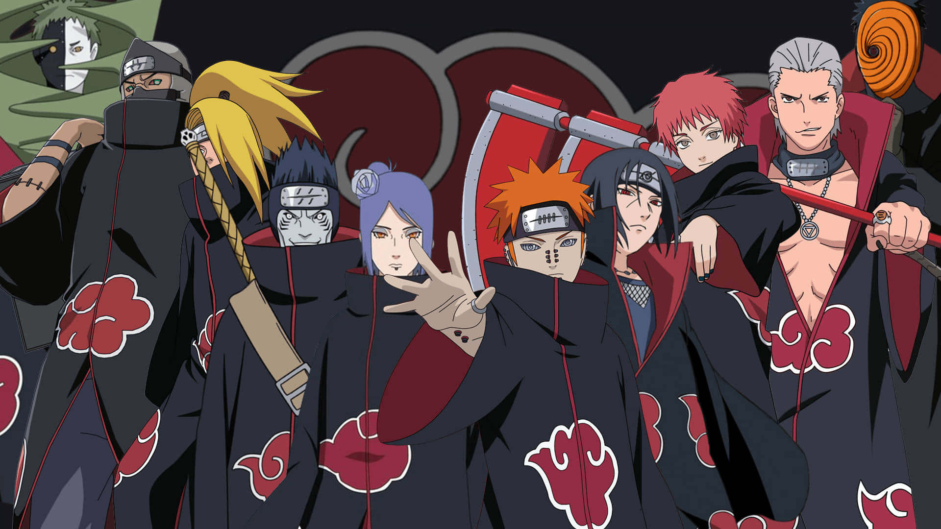遊戲開始 - Akatsuki 筆電帶來強勁遊戲體驗 壁紙 — 一群身穿帶有紅色雲紋黑色斗篷的動漫角色，在黑暗背景下以威脅性的陣型站立。