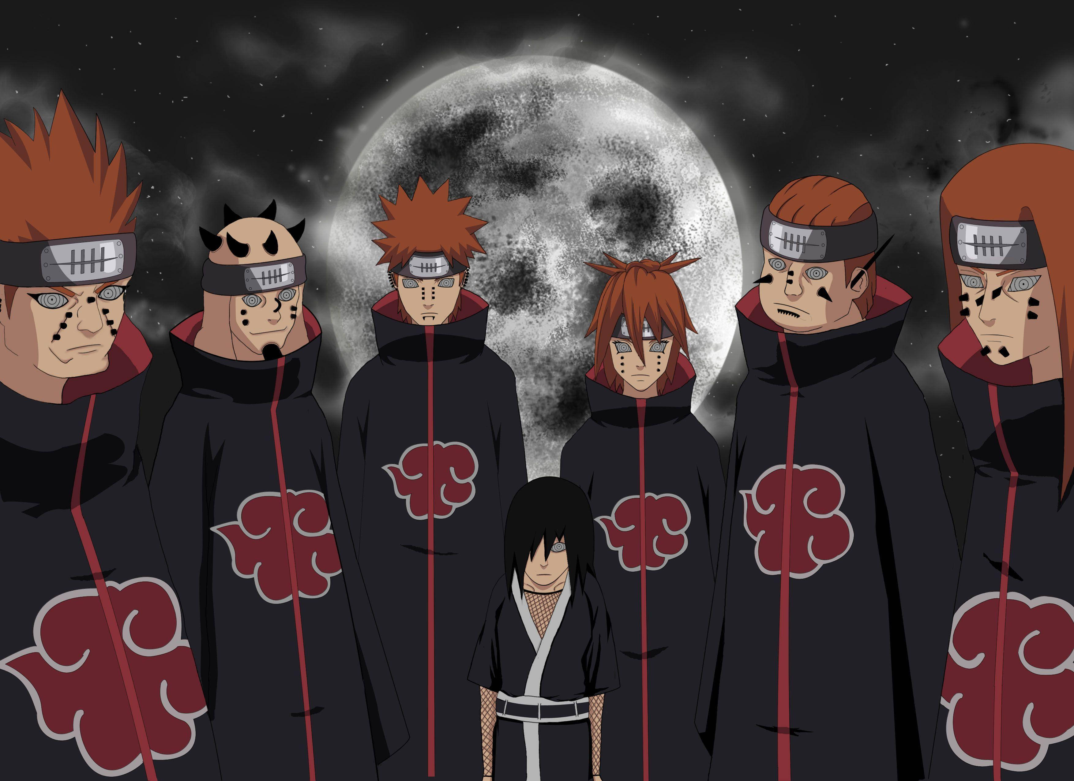 年輕的長門 Akatsuki PC 壁紙 — 七個戴面具的忍者穿著黑色曉組織斗篷，站在滿月下，前面有一個小人物。