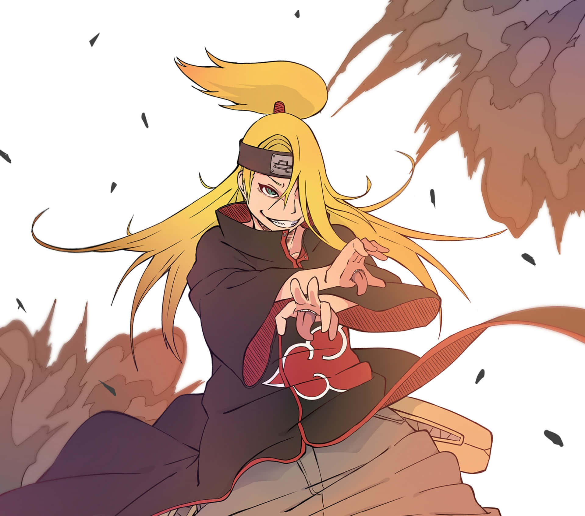 享受 Akatsuki 筆記本電腦的輕巧便利 壁紙 — 長金髮、身穿紅色雲斗篷的動漫角色，在旋轉的棕色煙霧和飛揚的碎片中結手印。