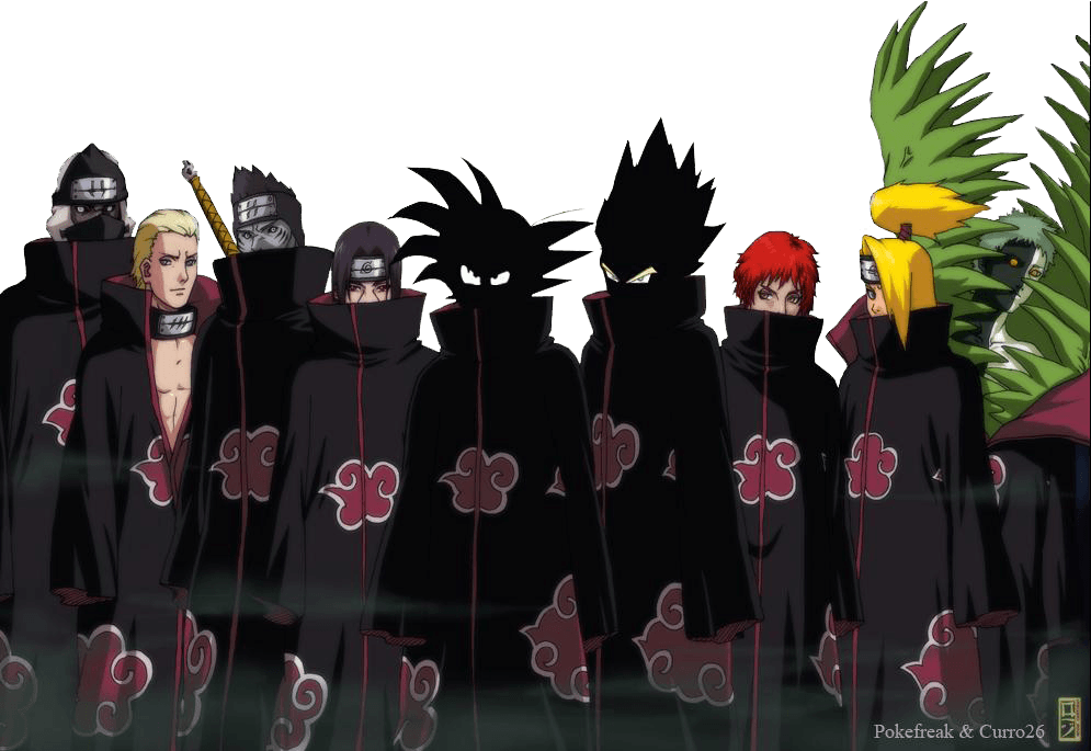 火影忍者 Akatsuki 團隊角色 壁紙 — 一群身穿黑色斗篷、帶有紅色雲紋的動漫角色，在深藍綠色背景前排列成威脅性的隊列。