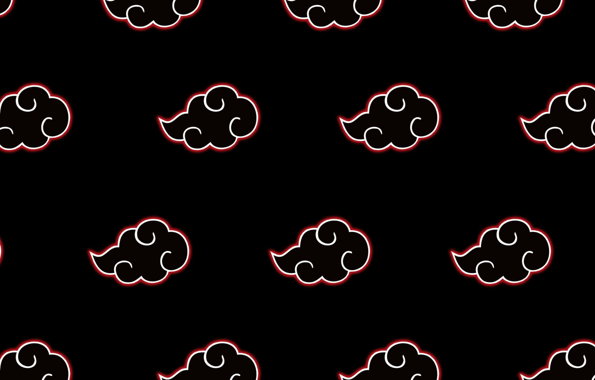 Akatsuki 美學雲朵圖案插畫 壁紙 — 重複的風格化黑色雲朵，帶有紅色和白色輪廓，在純黑色背景上。