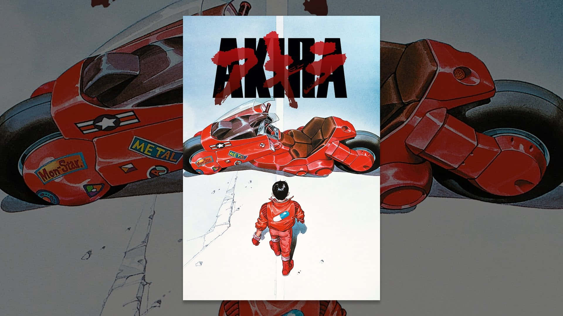 Akira 動畫電影海報 壁紙 — 一架紅色電單車在雪原上疾馳，一個穿紅衣的小孩在蒼白的天空下向它跑去。