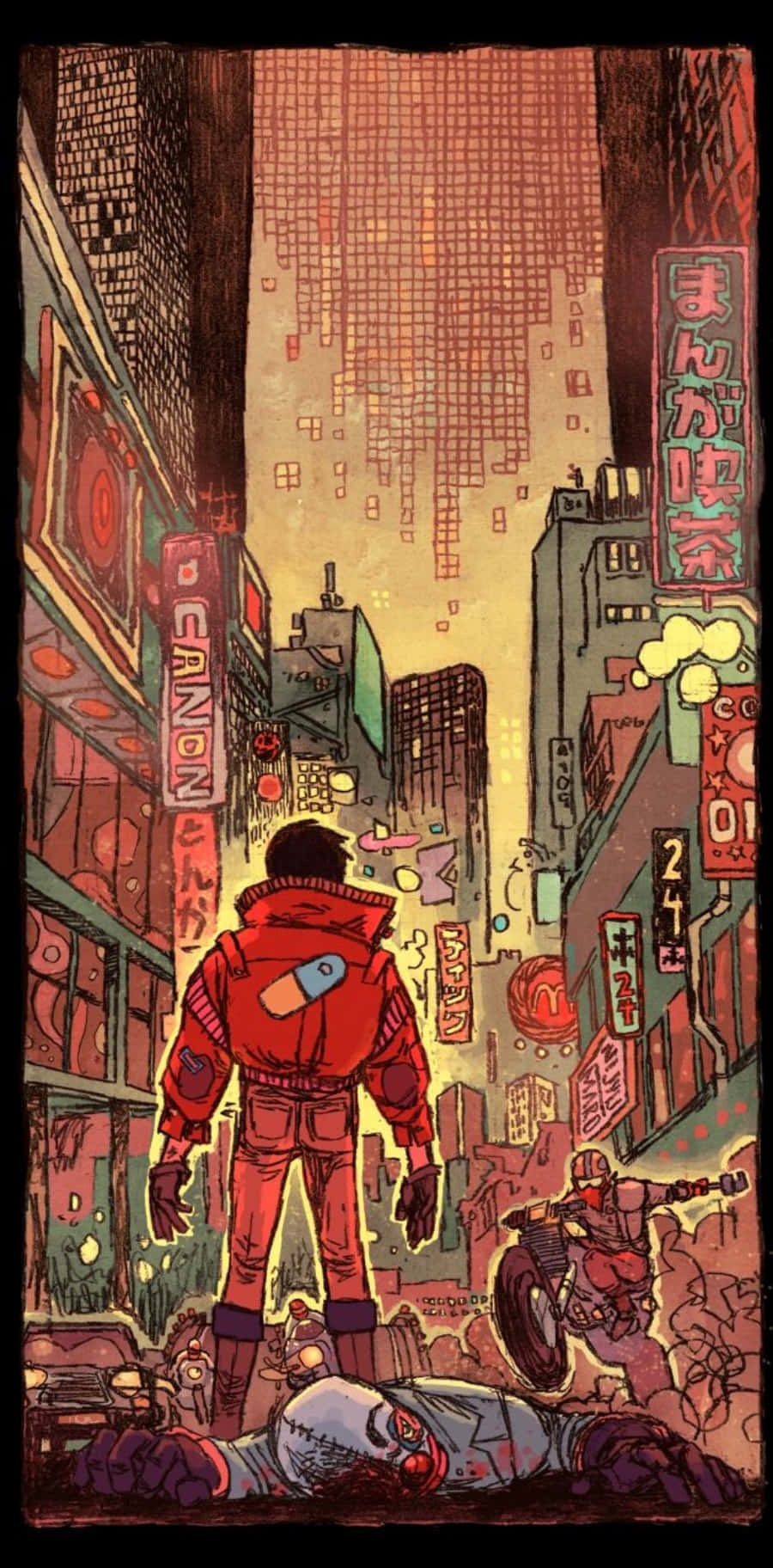Akira 漫畫插畫 壁紙 — 一個孤獨的身影穿著紅色外套，站在充滿霓虹燈的賽博朋克小巷中，一名摩托車騎士疾馳而過。