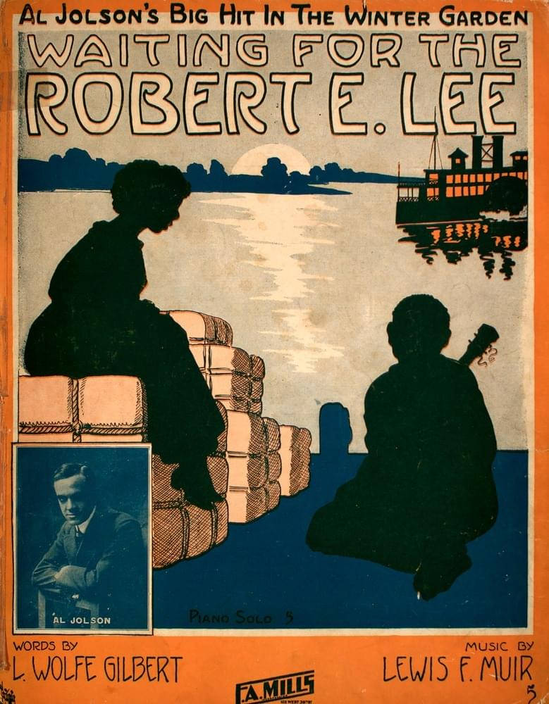 Al Jolson《等待Robert E. Lee》電影海報 壁紙 — 復古樂譜封面以風格化的裝飾藝術設計，展示水邊的剪影人物、蒸汽船和滿月。