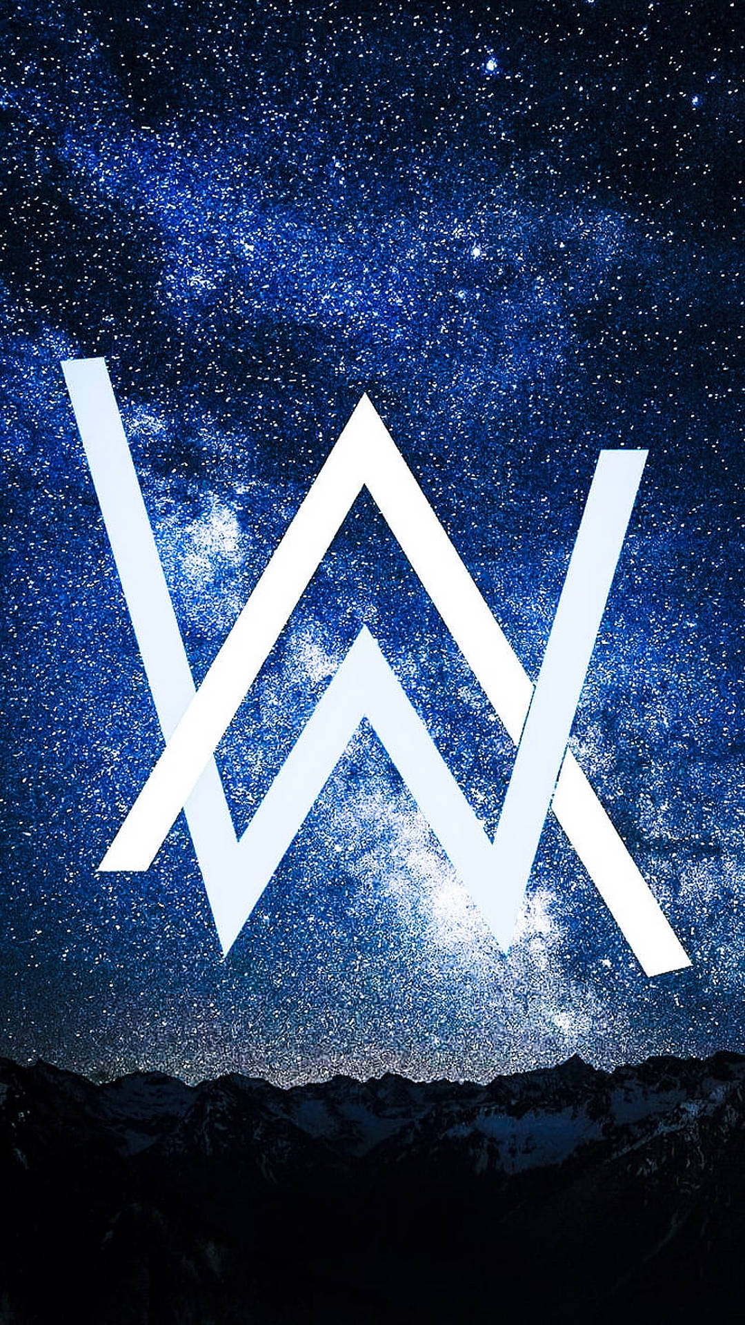 Alan Walker標誌以星空和積雪山峰為背景。