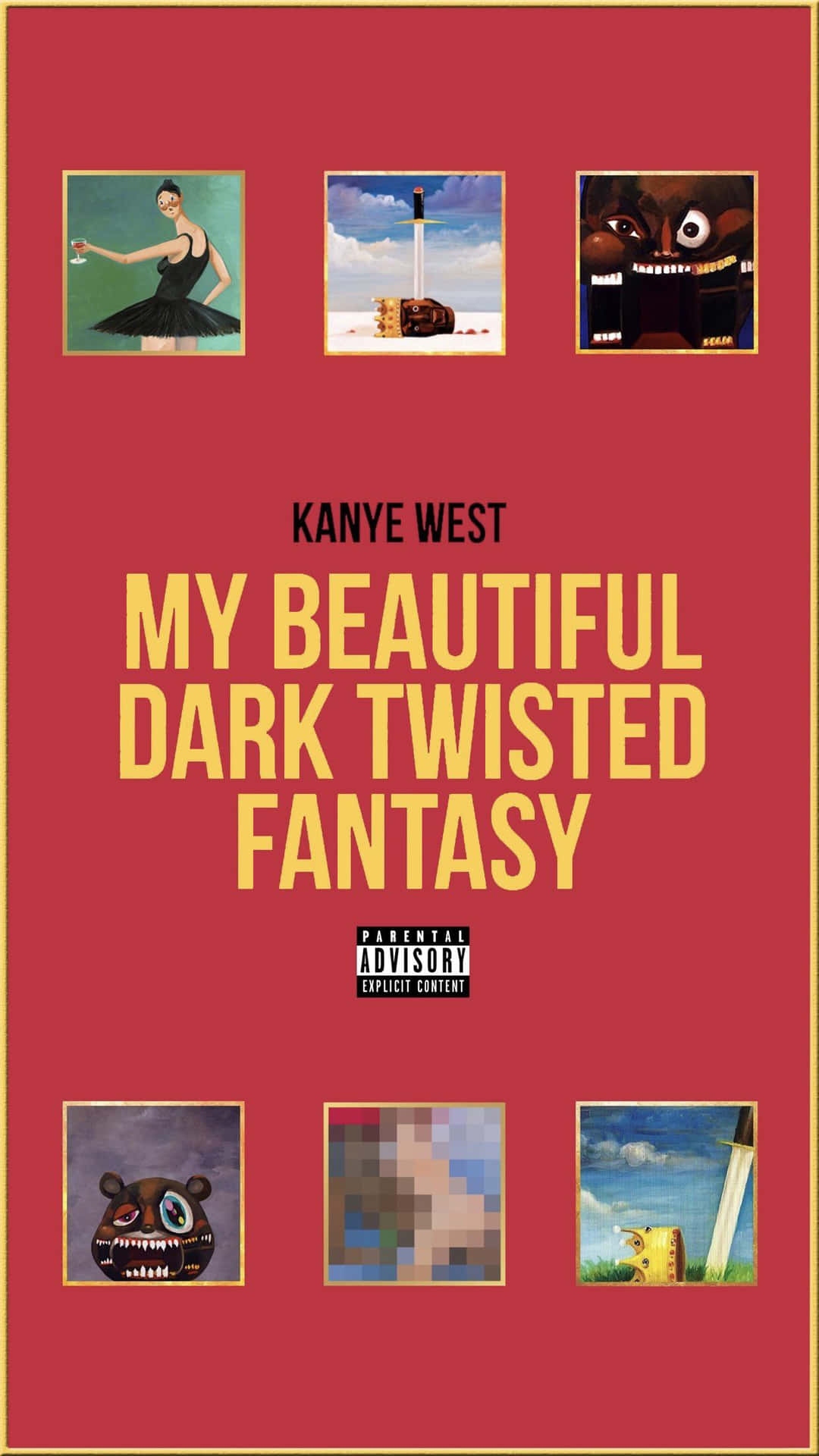  壁紙 — Kanye West 的《My Beautiful Dark Twisted Fantasy》專輯封面，紅色背景上有六個超現實藝術面板。