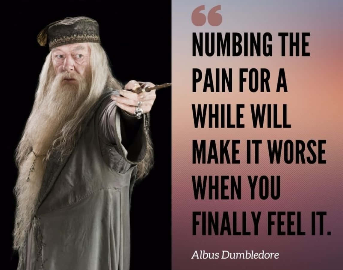Harry Potter Quotes 桌布 壁紙 — Albus Dumbledore 喺黑暗背景前，表情嚴肅噉揸住魔杖，旁邊係一個漸變粉紅同紫色面板上嘅語錄。