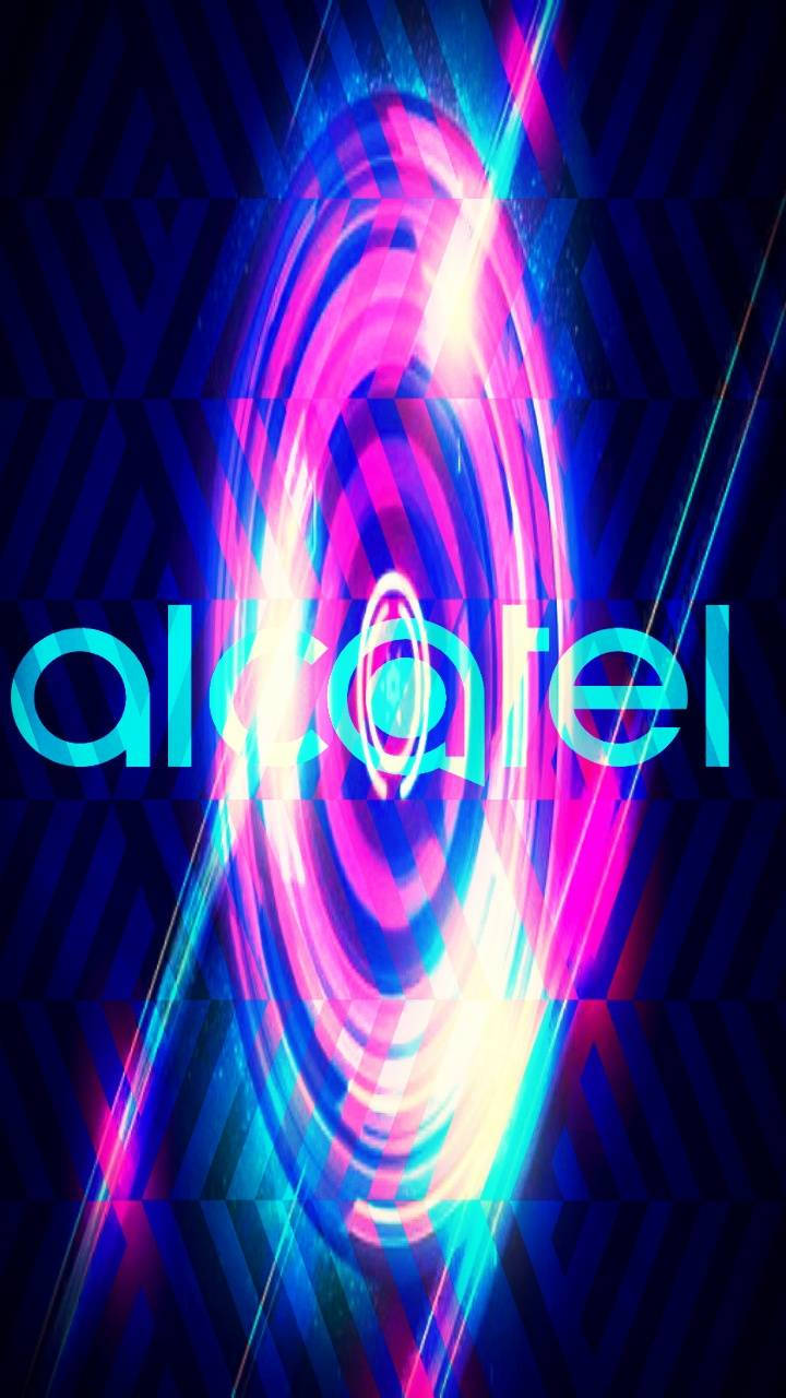 Alcatel 藍色數位藝術 壁紙 — 充滿活力的霓虹螺旋在黑暗的幾何背景上散發出電光粉紅和藍色光芒，並帶有發光的 'alcatel' 文字。