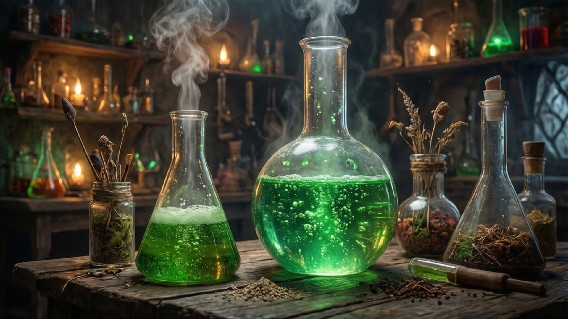 木桌上玻璃燒瓶中冒著蒸汽的綠色藥水，背景有乾燥的草藥和發光的瓶子。