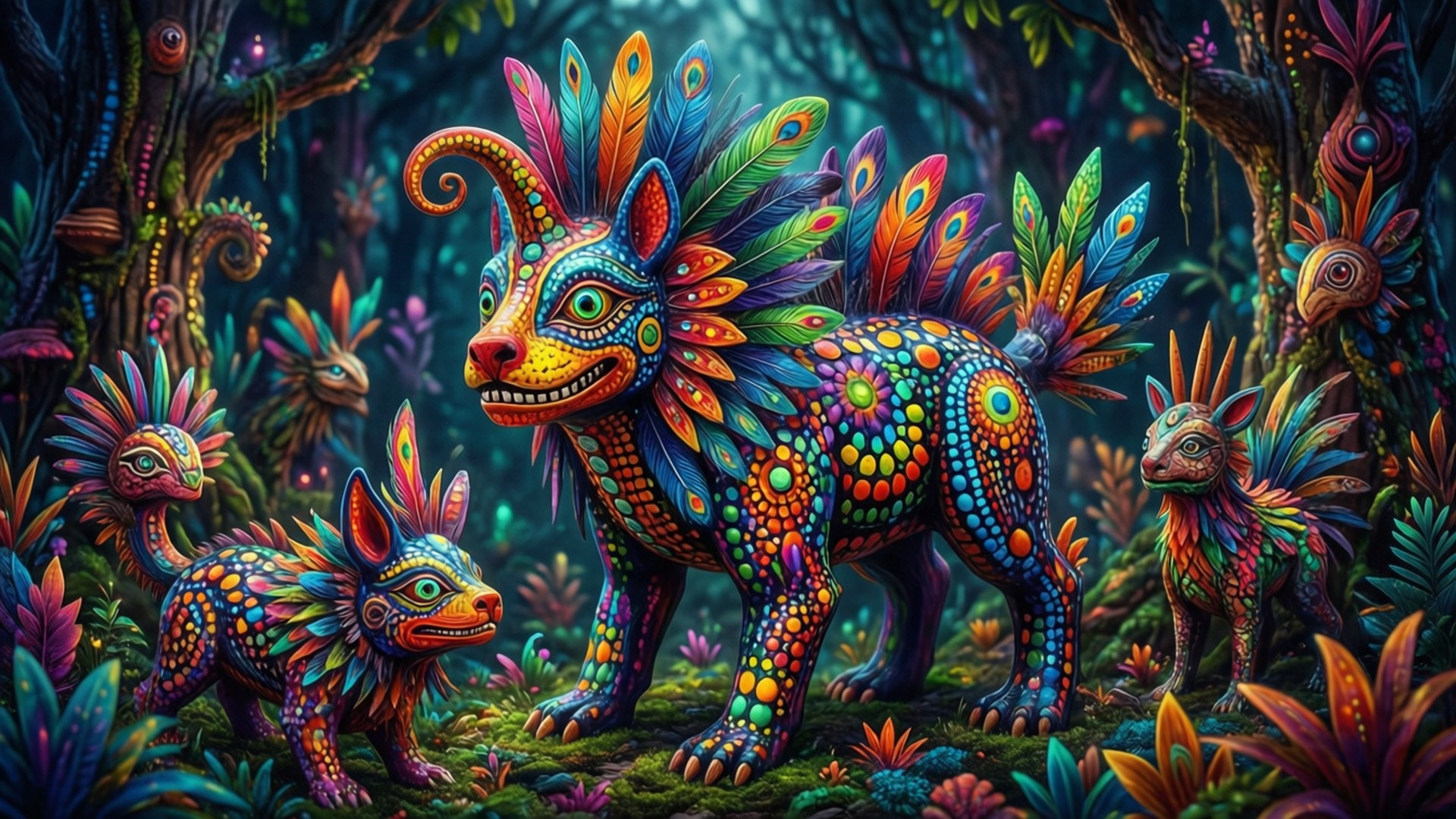 色彩繽紛的神話生物，擁有羽毛鬃毛和圓點圖案，在發光的叢林中