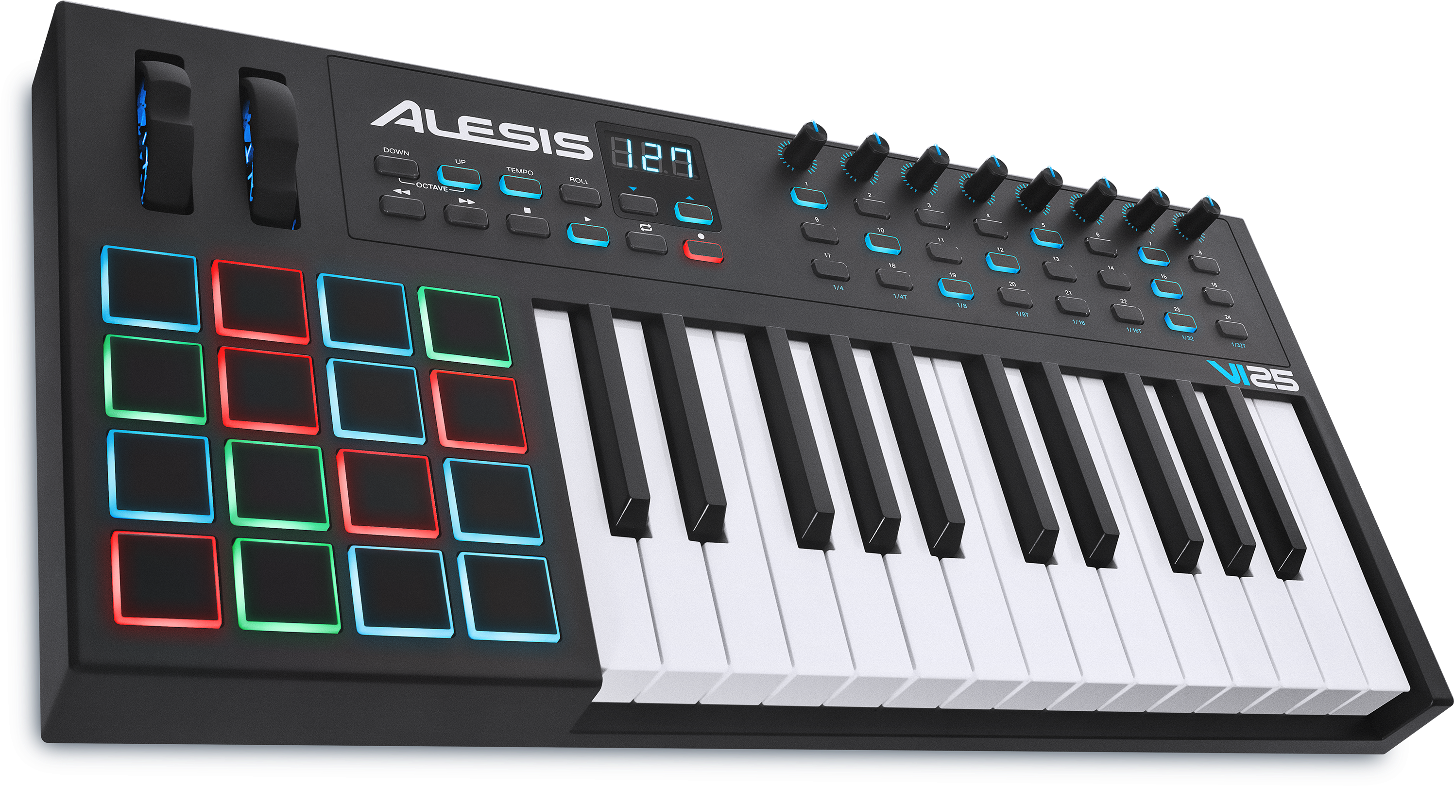 Alesis V25 MIDI鍵盤控制器 壁紙 — 時尚黑色Alesis V25 MIDI控制器鍵盤，帶有彩色背光打擊墊和白色琴鍵，背景為深色。