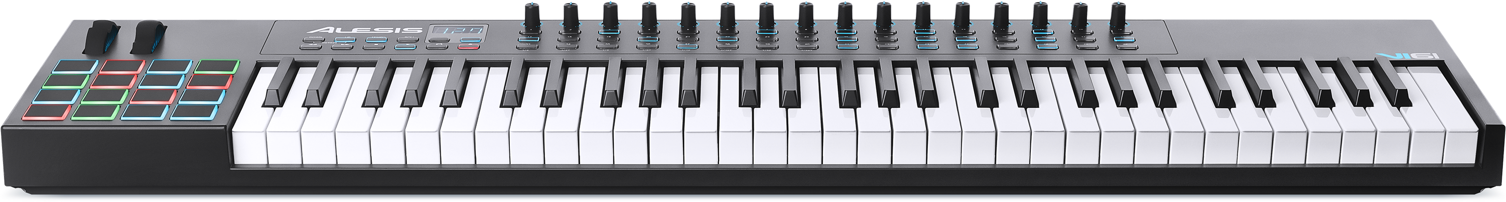 Alesis VI25 MIDI鍵盤控制器 壁紙 — 一個時尚的黑色MIDI鍵盤，帶有黑白琴鍵和彩色背光打擊墊，背景透明。