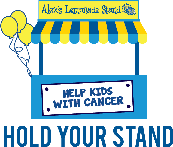 Alex's Lemonade Stand 慈善活動 壁紙 — 一個明亮的藍色和黃色卡通檸檬水攤，帶有氣球和一個寫着幫助患癌兒童的標誌。