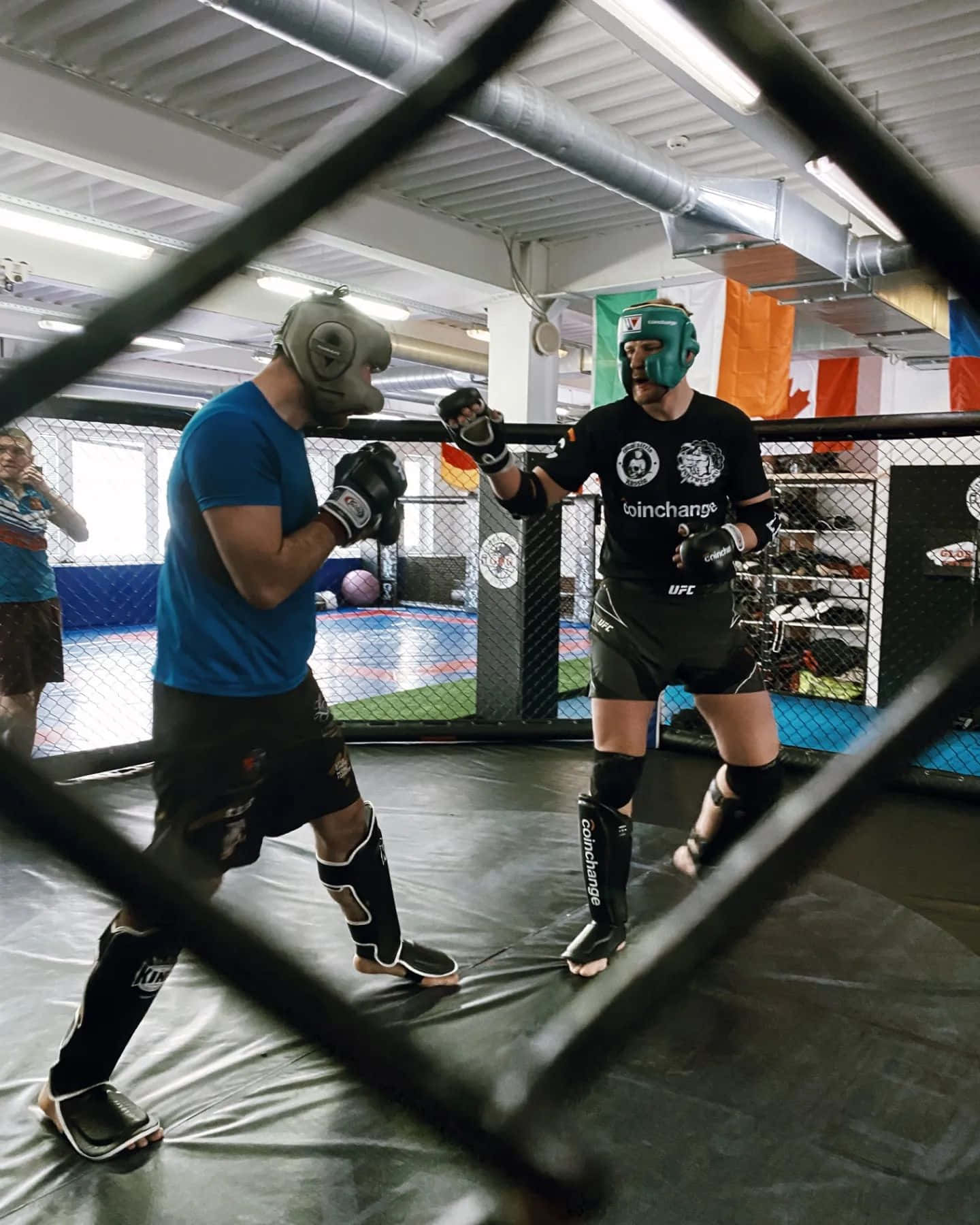 兩名穿著防護裝備的運動員在有圍欄的MMA訓練籠內對練。