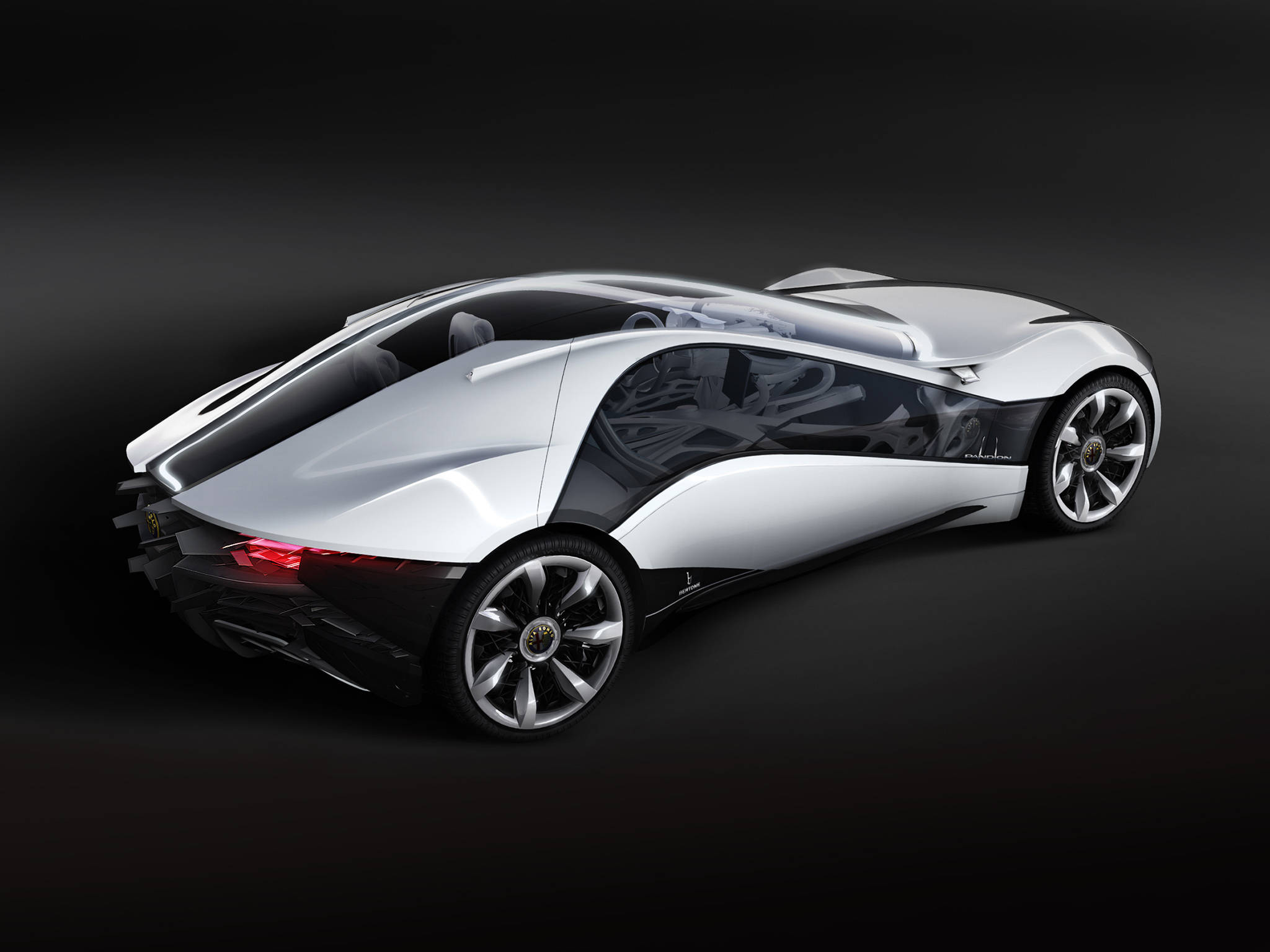 Alfa Romeo iPhone灰色跑車 壁紙 — 一輛時尚的銀色未來主義跑車，帶有黑色飾邊和發光的紅色尾燈，在黑暗的攝影棚背景下展示。