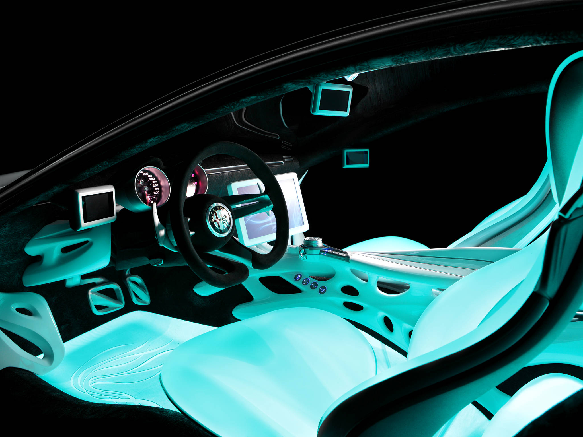 Alfa Romeo iPhone發光內飾 壁紙 — 未來感十足的車廂內部，沐浴在發光的青色光芒中，配備流線型彎曲座椅和數位顯示屏，背景為黑色。