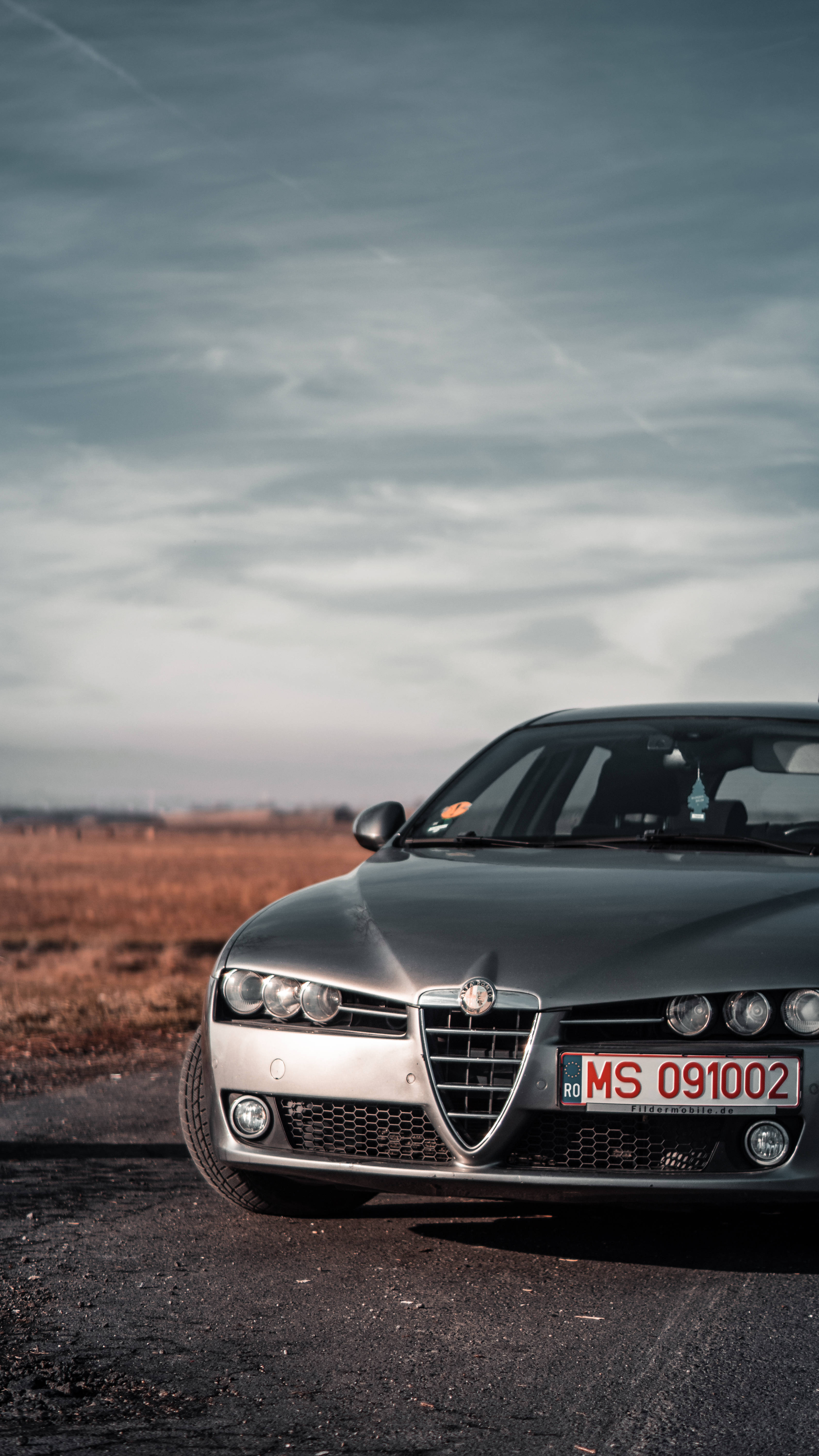 Alfa Romeo iPhone 前面 壁紙 — 一架時尚的銀色愛快羅密歐跑車停泊在碎石路上，天空多雲，背景有乾草。