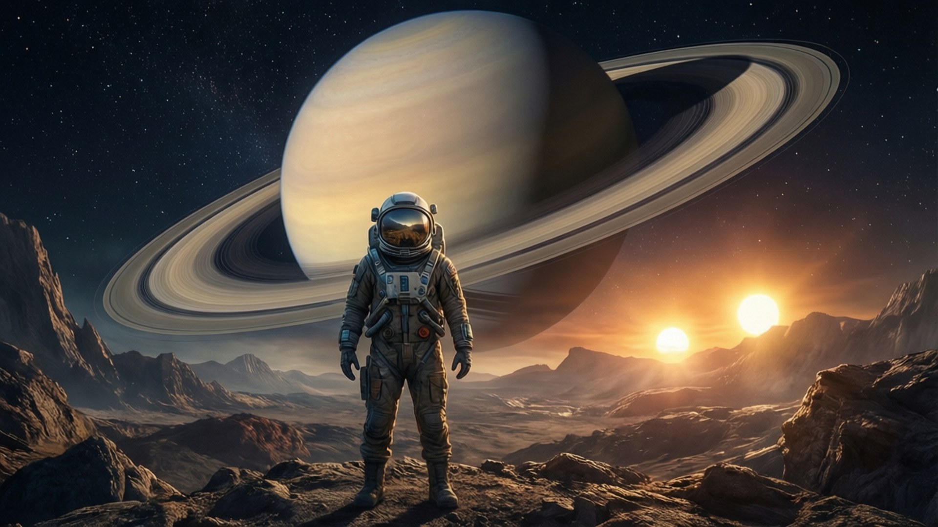 外星行星上的太空人，背景有環狀行星和兩個太陽
