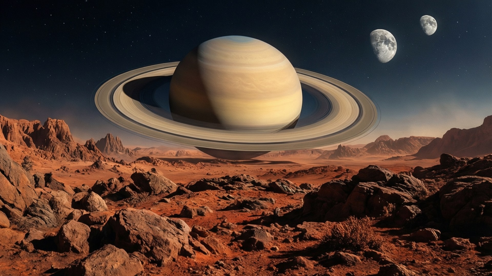 紅色岩石外星景觀，天空中有一顆巨大的環狀行星和兩個月亮。