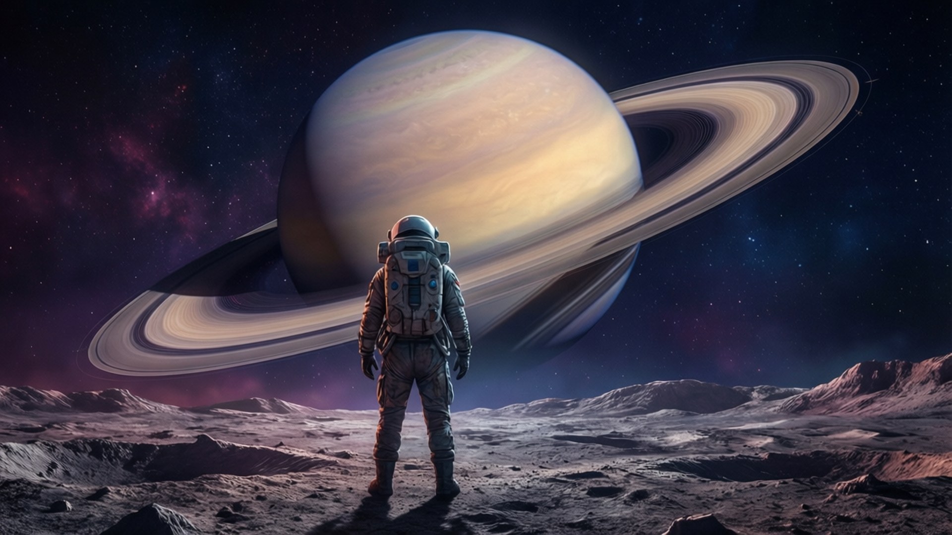 外星行星上的太空人看著帶有光環的土星在星空