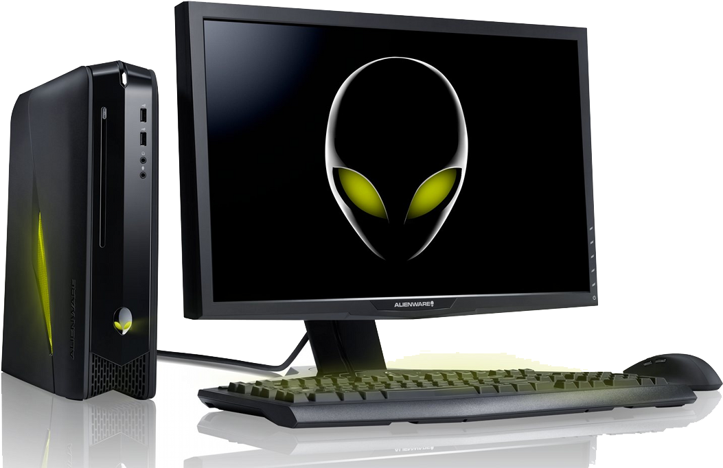 Alienware 遊戲電腦組裝 壁紙 — Alienware 遊戲桌上型電腦，螢幕和側面板上帶有發光的外星人標誌，背景為黑色。