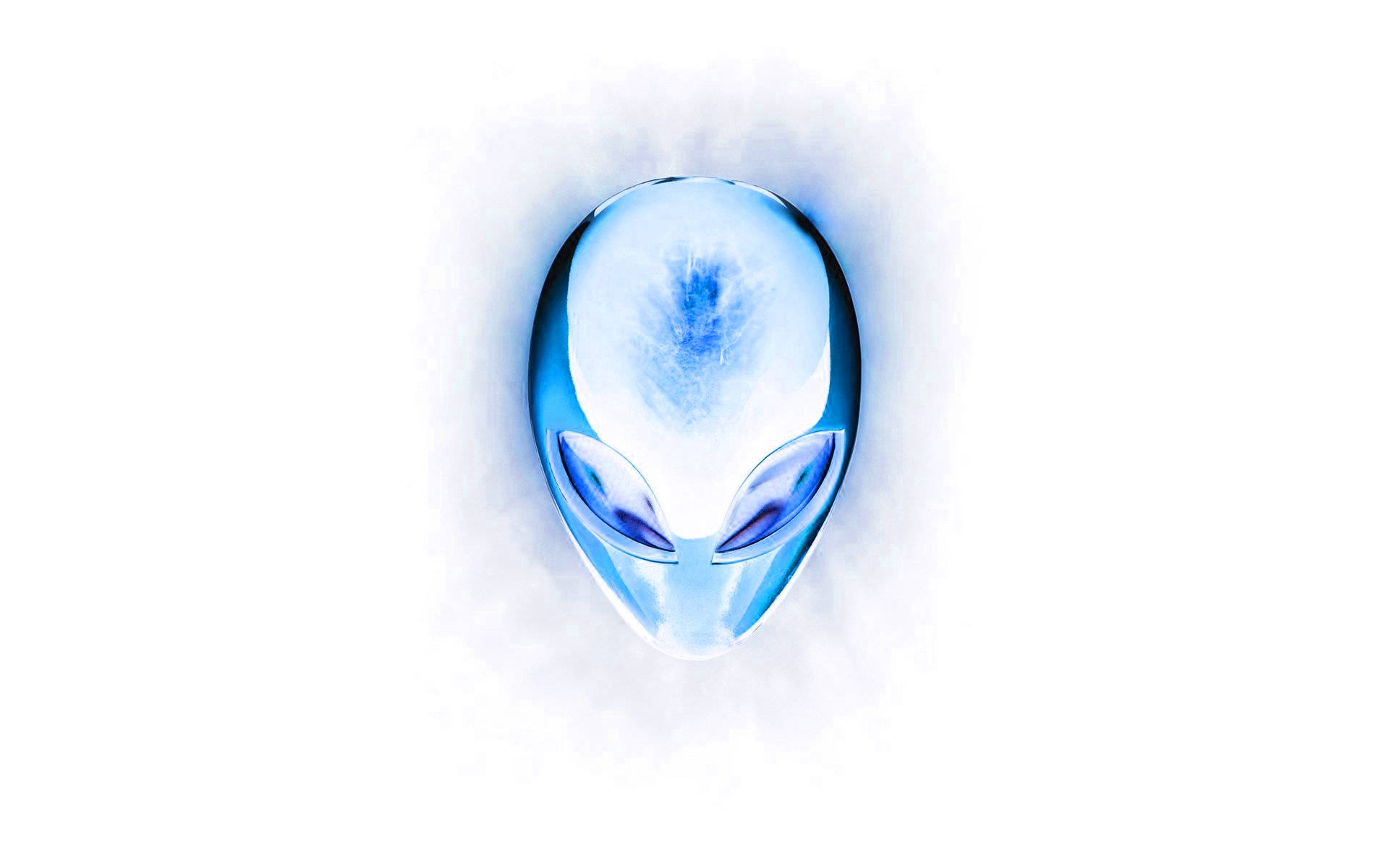 Alienware 預設藍白標誌 壁紙 — 一個發光的藍色外星人頭部，有著大眼睛和光滑的前額，在純白背景上散發光芒。
