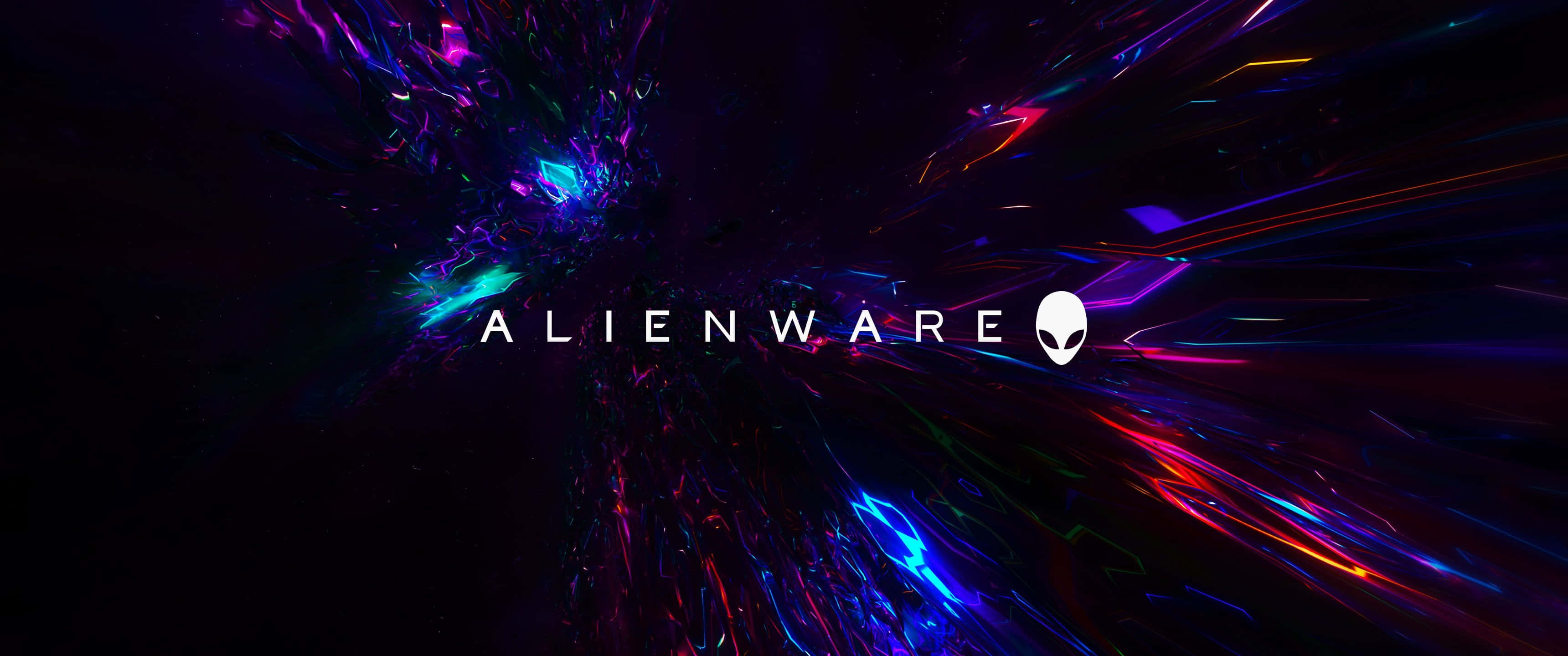 Alienware 動態模糊 3440x1440p 背景 壁紙 — 鮮豔的霓虹分形從黑暗中心圍繞Alienware標誌爆炸，形成數位藝術爆發。
