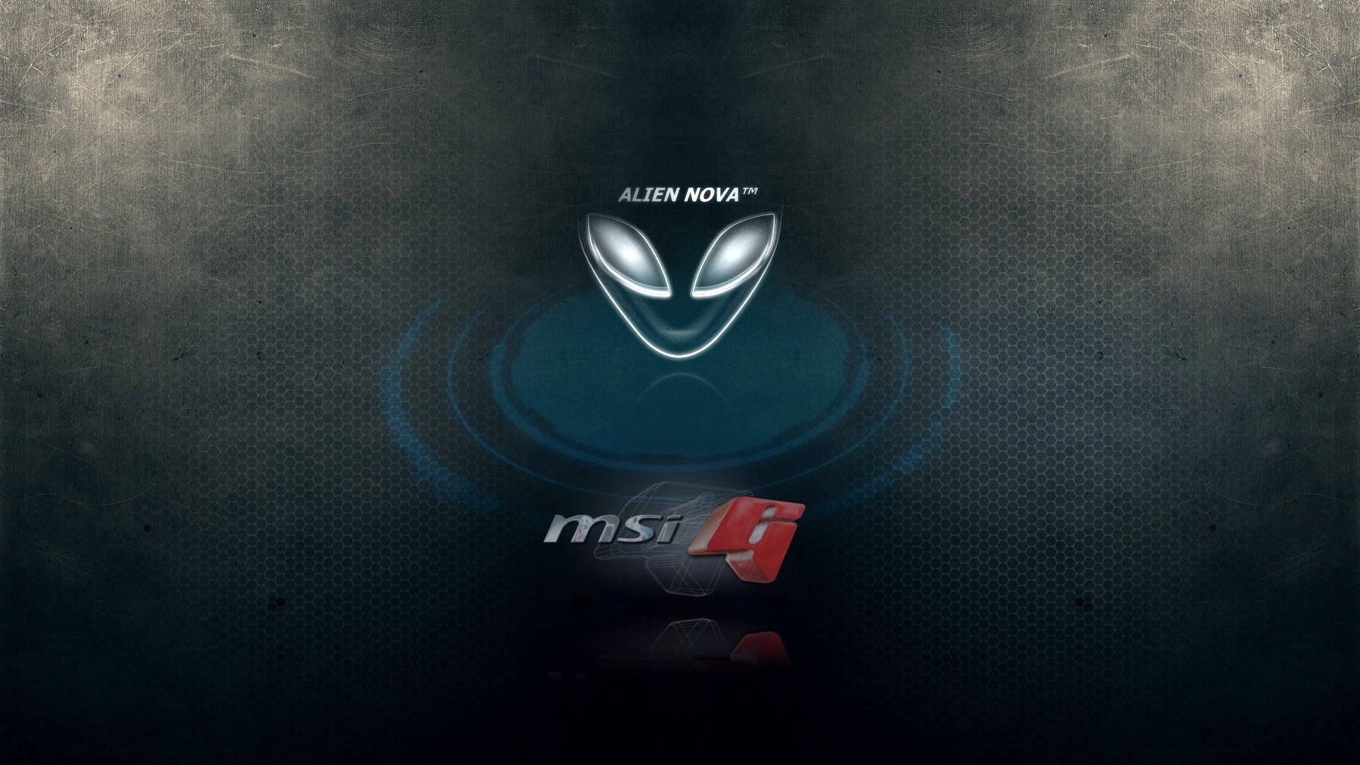 Alienware 標誌與 MSI 標誌 壁紙 — 發光外星人頭標誌，帶有 'ALIEN NOVA' 文字和 MSI 品牌標識，位於深色紋理背景上，配有藍色光環。